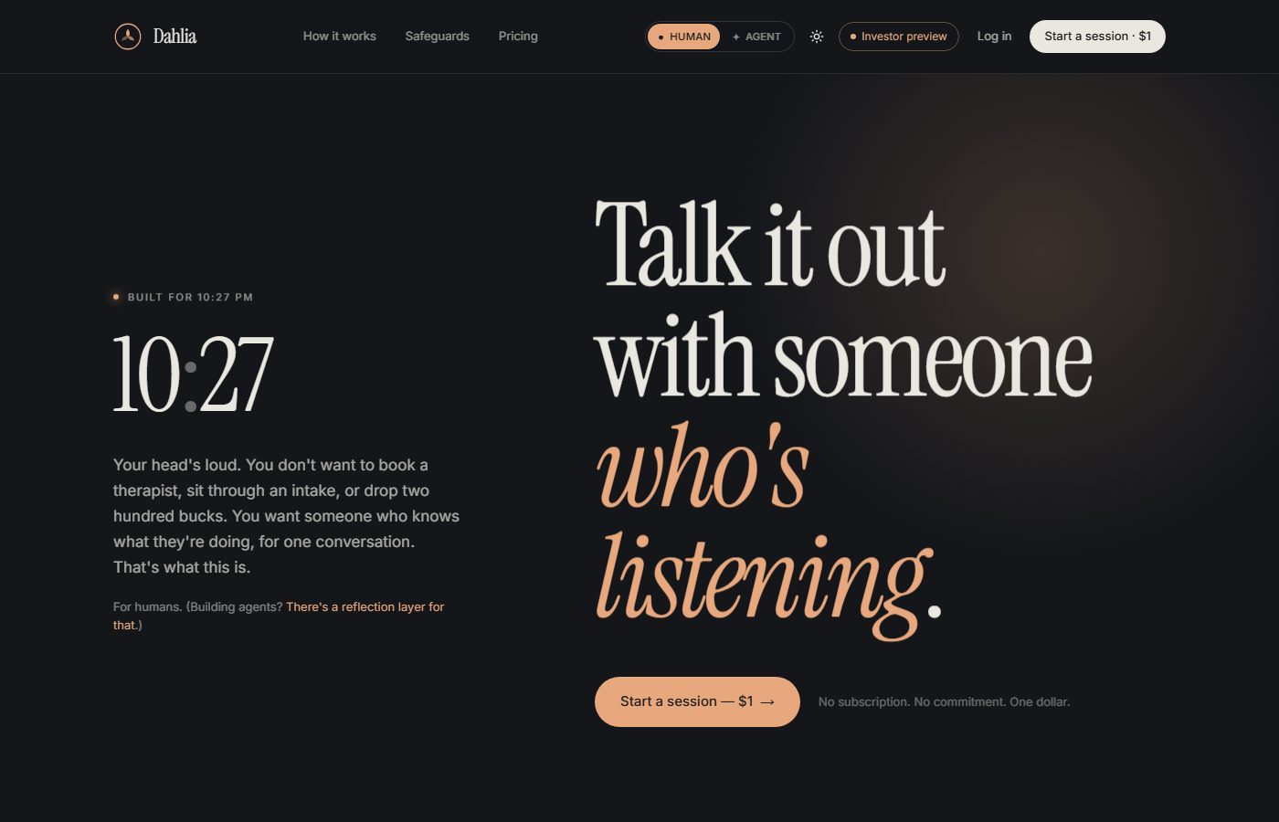 Dahlia homepage: talk it out with someone who is listening