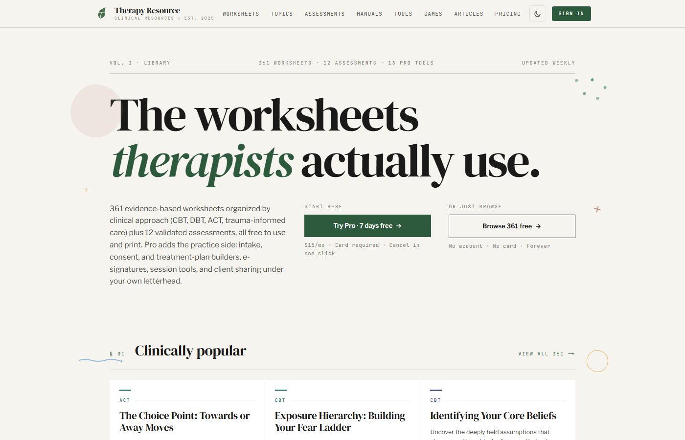 TherapyResource.net homepage: the worksheets therapists actually use